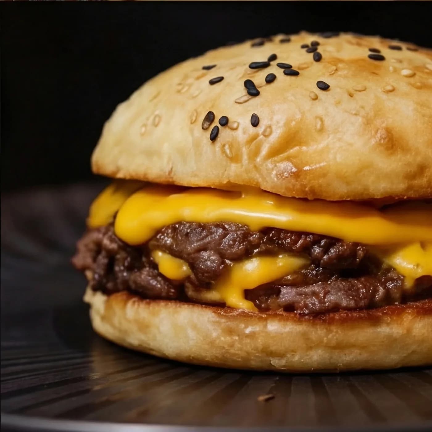 Stohr Burger en plato negro — queso fundido y carne jugosa